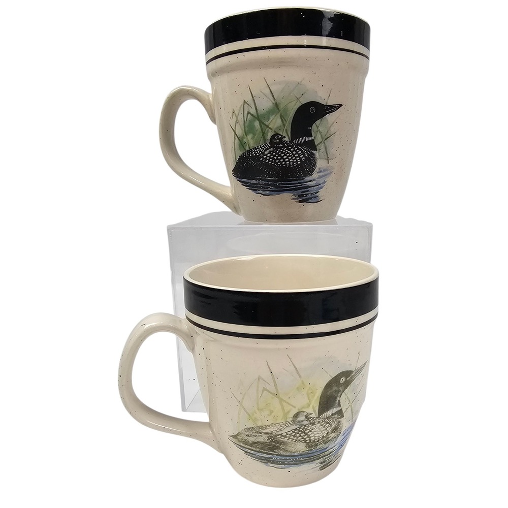 Folkcraft Stoneware‎ Loon Lake by Scottyz Coffee Mugs Set of 2 Speckled Rustic